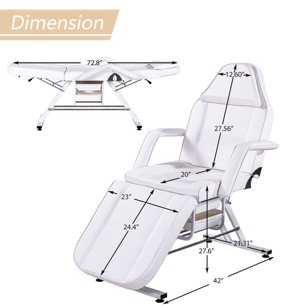 Massage Salon Tattoo Chair with Two Trays Esthetician Bed with Hydraulic Stool, Multi-Purpose 3-Section Facial Bed Table, Adjustable Beauty Barber Spa Beauty Equipment, White