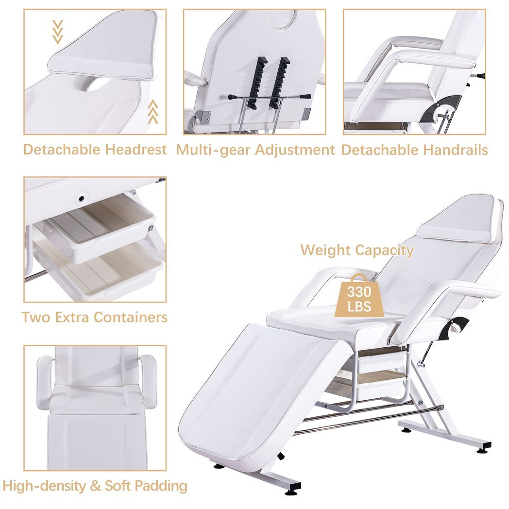 Massage Salon Tattoo Chair with Two Trays Esthetician Bed with Hydraulic Stool, Multi-Purpose 3-Section Facial Bed Table, Adjustable Beauty Barber Spa Beauty Equipment, White
