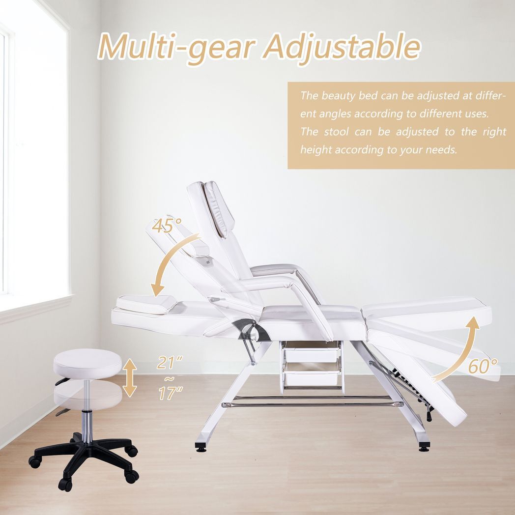 Massage Salon Tattoo Chair with Two Trays Esthetician Bed with Hydraulic Stool, Multi-Purpose 3-Section Facial Bed Table, Adjustable Beauty Barber Spa Beauty Equipment, White