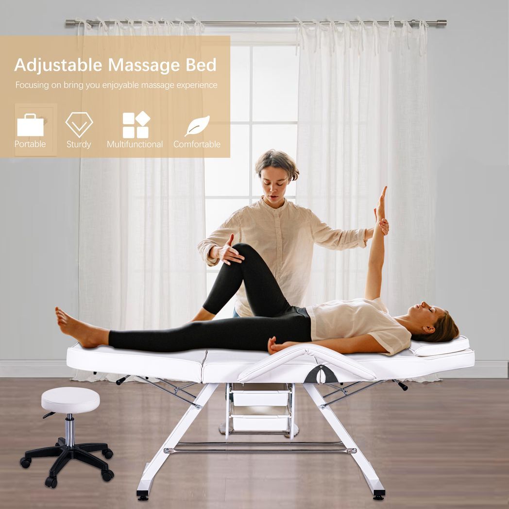 Massage Salon Tattoo Chair with Two Trays Esthetician Bed with Hydraulic Stool, Multi-Purpose 3-Section Facial Bed Table, Adjustable Beauty Barber Spa Beauty Equipment, White