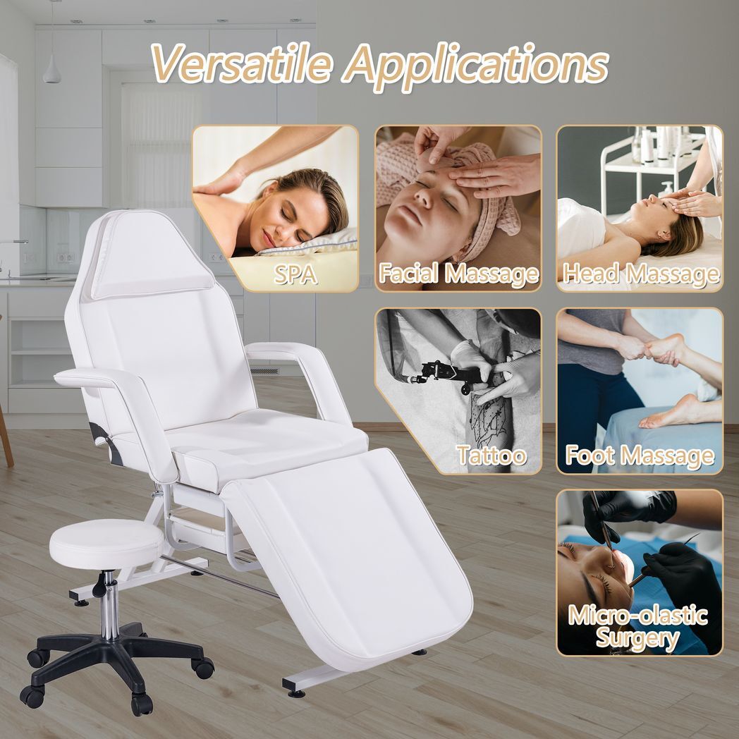 Massage Salon Tattoo Chair with Two Trays Esthetician Bed with Hydraulic Stool, Multi-Purpose 3-Section Facial Bed Table, Adjustable Beauty Barber Spa Beauty Equipment, White