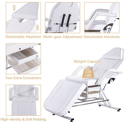 Massage Salon Tattoo Chair with Two Trays Esthetician Bed with Hydraulic Stool, Multi-Purpose 3-Section Facial Bed Table,  Adjustable Beauty Barber Spa Beauty Equipment, White